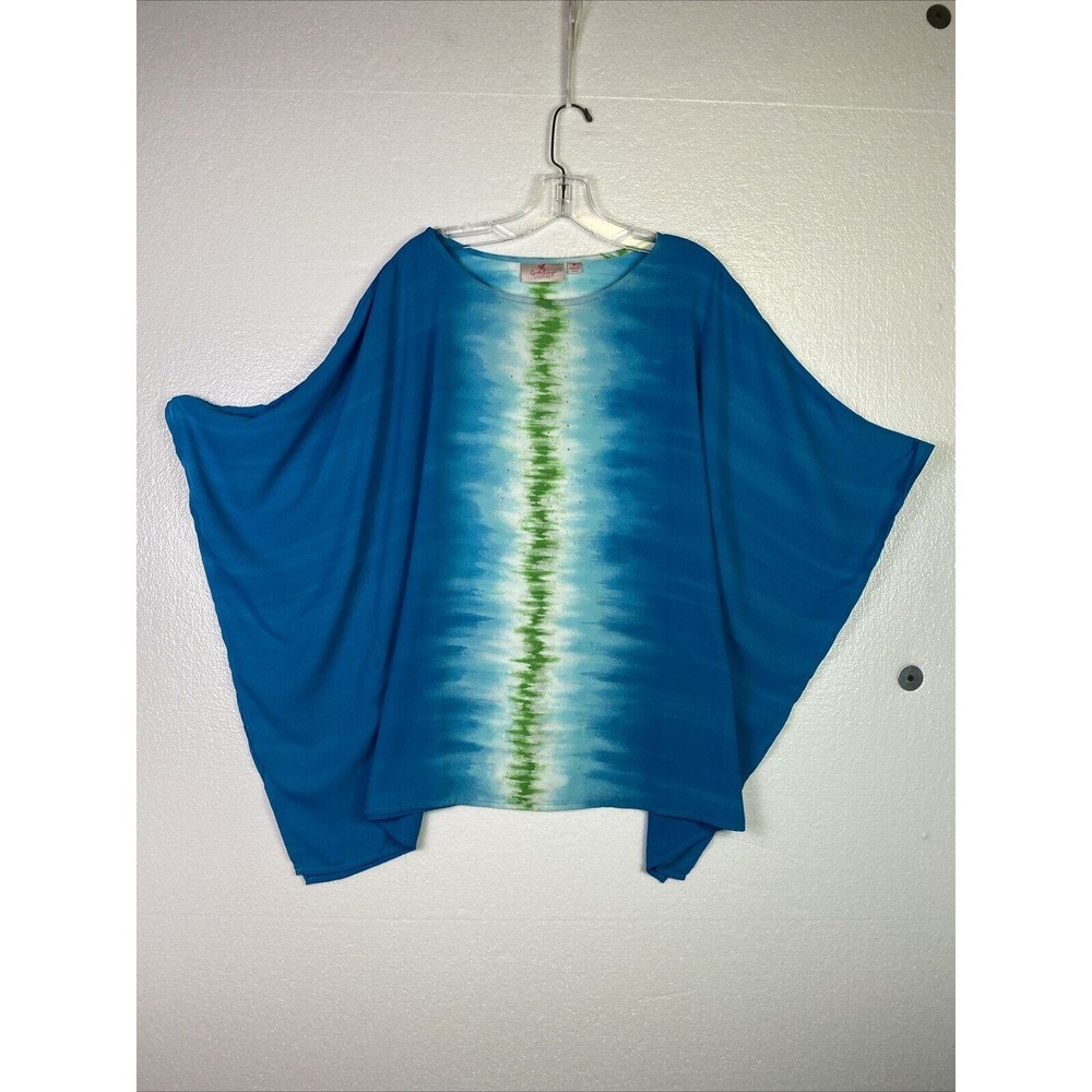 Quacker Factory Womens Blouse M Blue Multi Rhinestones Embellish Caftan Batwing